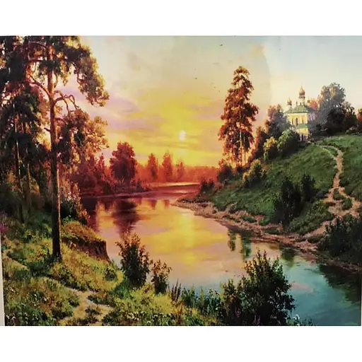 Алмазна вишивка мозаїка на підрамнику 40*30 см стразами Захід сонця Пейзаж Біля Річки - фото 1