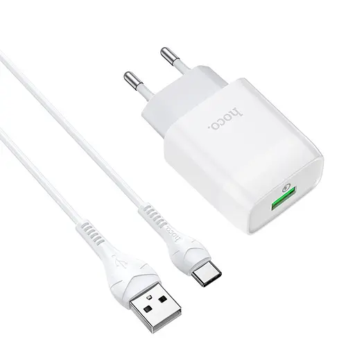 Зарядное устройство Hoco C72Q USB QC + кабель USB to Type-C белый - фото 1