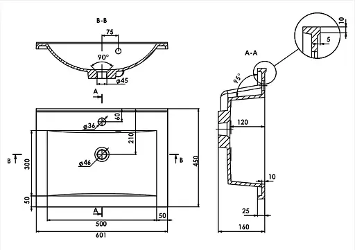 Раковина глянцева врізна Amidicon Victoria 60 600x450 з литого каменю VICTORIA_60_HL, Білий - фото 5