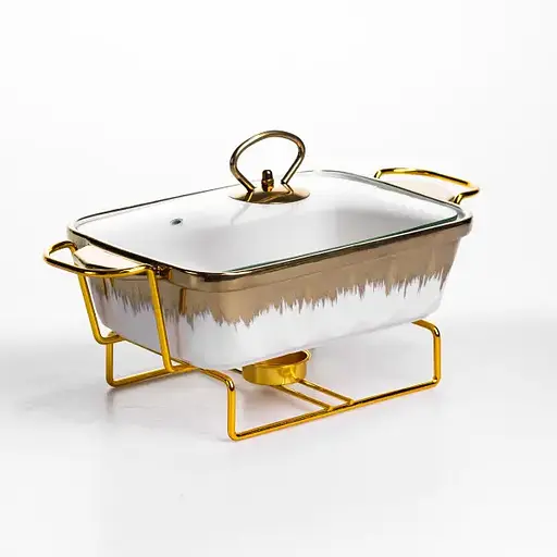 Мармитница фарфоровая Yiwu 1 л прямоугольная на металлической подставке со стеклянной крышкой 31х16х11 см мармит для первых блюд ML789-11 - фото 4