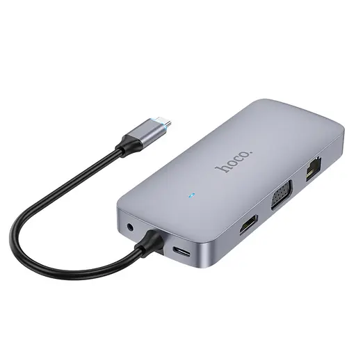 Мульти адаптер хаб Hoco HB33 10в1 Type-C to USB 3.0/ 2 USB 2.0/ Type-C/ HDMI/ VGA/ RJ45/ AUX/ SD/ TF PD 100W 0.18m сірий - фото 6