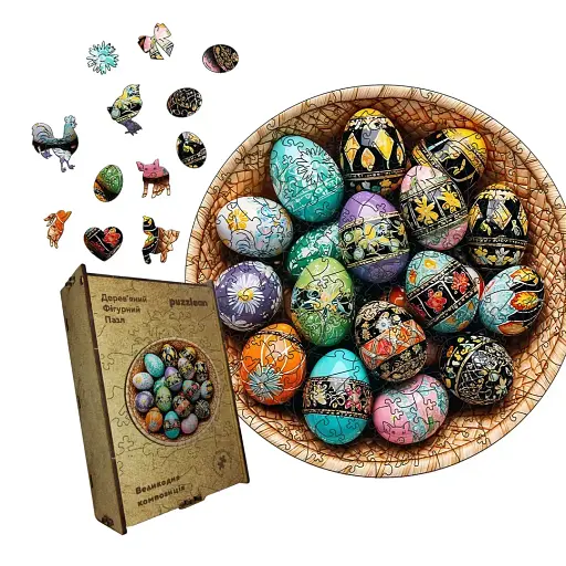 Деревяний фігурний пазл Писанки, А4, Деревяна коробка 100 елементів