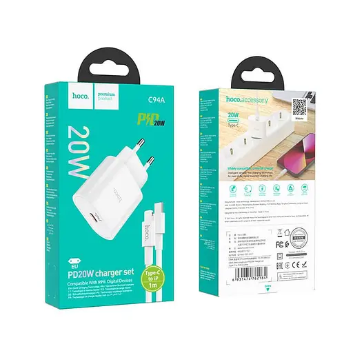 Адаптер Сетевой HOCO Type-C to Lightning Cable Metro single port charger set C94A |1Type-C, 20W/3A, PD/QC| - фото 7