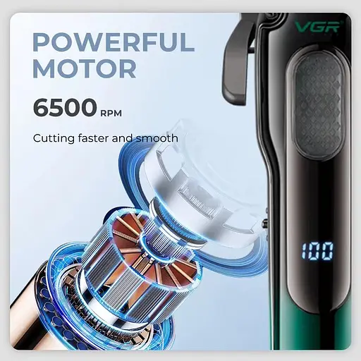 Машинка для стрижки VGR V-013 триммер с 8 насадками дисплей 6500 об/мин Черная с Зеленым 5 Вт - фото 5