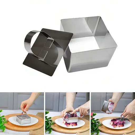 Квадратна форма з виштовхувачем для викладки/вирубки салатів та гарніру з нержавіючої сталі 8.3x8.3 см, Kitchen Master Металлик 85428 - фото 2