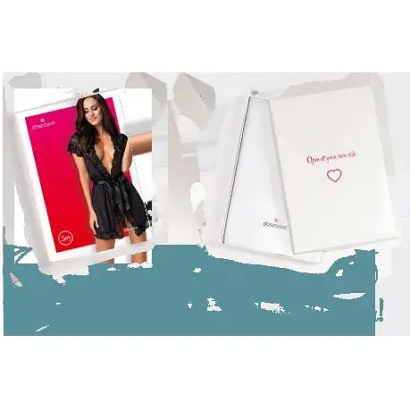 Сатиновый открытый пеньюар на поясе Obsessive 810-PEI-1 peignoir Black S/M, черный - фото 8