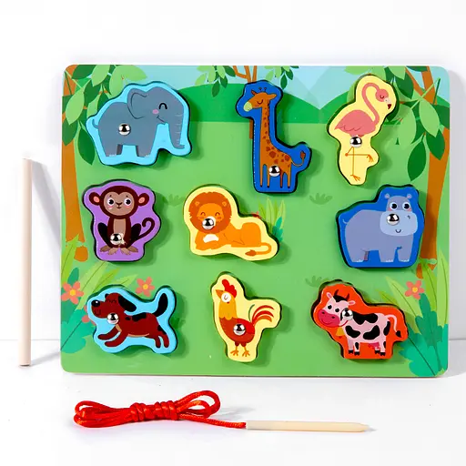 Деревянная игрушка Рамка-вкладыш 3в1 (шнуровка, рыбалка-магнитная), 1 удочка, 22.5x18x1 см (в ассортименте)