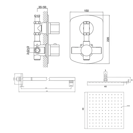 Душова система Kohlman Foxal 40 chrome з термостатом + BOX прихованого монтажу KPL-QW431FQ40, Хром - фото 2