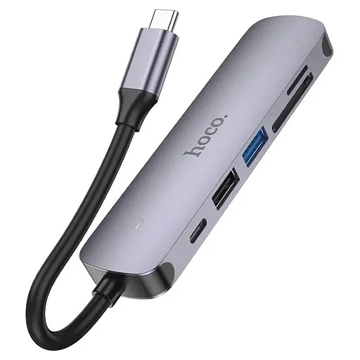 Usb-хаб Hoco HB28 Type-C multi-function converter (HDTV+Usb3.0+Usb2.0+SD+TF+PD) Темно-серый - фото 2