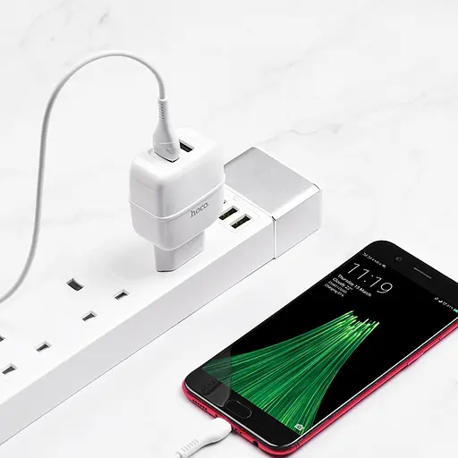 Адаптер живлення - блок мережевий із кабелем Micro USB - набір HOCO C77A Highway 2USB білий - фото 2