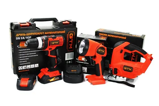 Набір акумуляторного інструменту GTM 18V шурупокрут DS18/40P, лобзик JS18/65, ліхтар FLС18/1500 + 2 АКБ і ЗП - фото 1