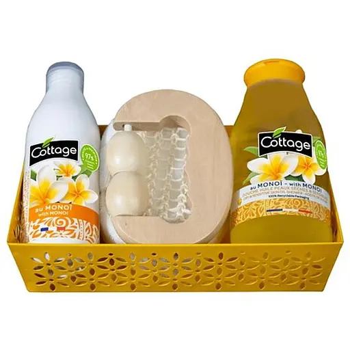 Набор для женщин Cottage Monoi: Масло для душа 250 мл + Молочко для тела 150 мл + Мочалка + Массажер + Корзина