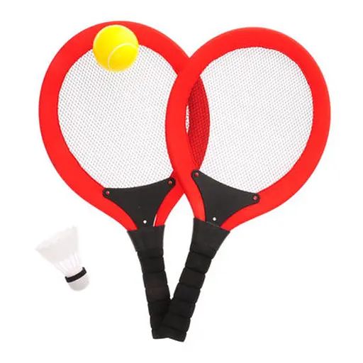 Набір ракеток 202, 2 ракетки 54см, пластиковий каркас, текстильна сітка, м'яка ручка, волан, м'яч, в сітці (6980879300040) Червоний - фото 1