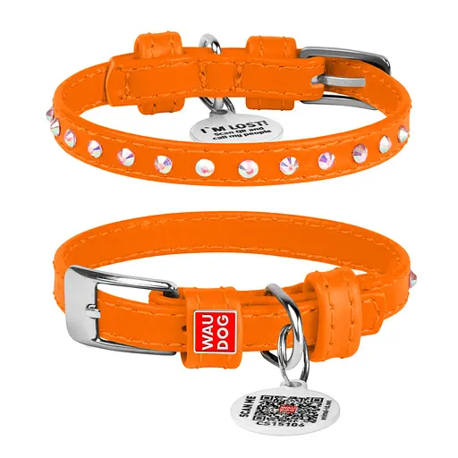 Ошейник для собак кожаный Waudog Glamour с QR-паспортом с клеевыми стразами Ш 9 мм Д 19-25 см оранжевый