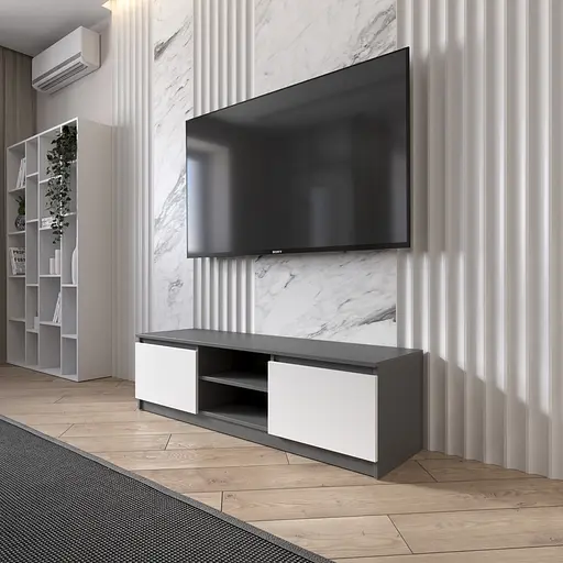 Тумба під телевізор Vays R-14 Антрацит-Білий фасад, з відкритою нішею, ЛДСП, 140×40×40 см - для вітальні та спальні, під ТВ