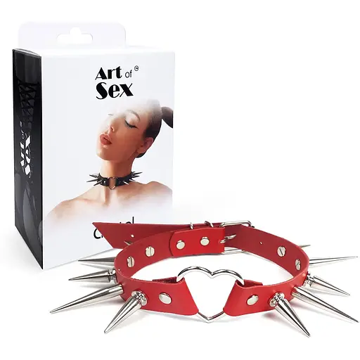 Чокер серце з великими шипами, із натуральної шкіри Art of Sex - Crystal, колір Червоний - фото 5