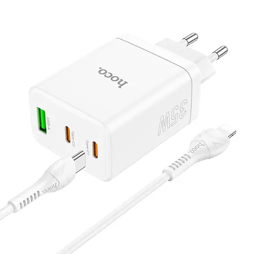 Мережевий зарядний пристрій Hoco N33 USB/2 Type-C PD 35W білий + кабель Type-C to Lightning - фото 3
