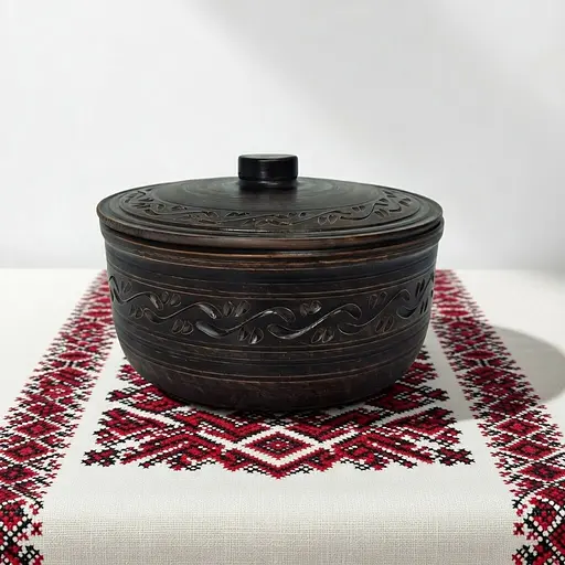 Супник с крышкой из красной глины без ручки 1.8 л Декор молоченная керамика Украинская глиняная посуда - фото 3