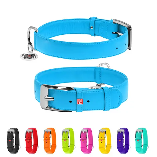 Ошейник для собак кожаный Waudog Glamour с QR-паспортом без украшений XL Ш 35 мм Д 46-60 см голубой - фото 2