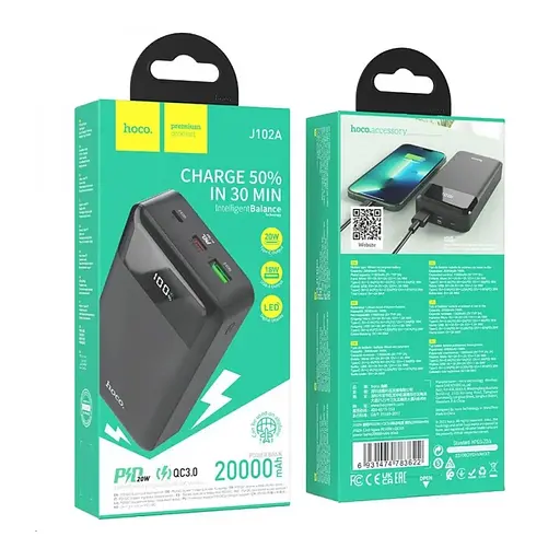Зовнішній акумулятор HOCO J102A Cool figure PD20W+QC3.0 power bank(20000mAh) Black - фото 2