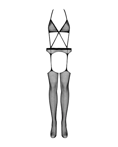 Сітчастий бодістокінг з імітацією топа пояса та панчохи Obsessive Bodystocking N108 чорний комб S/M/L - фото 5