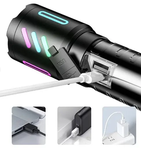 Фонарь ручной аккумуляторный COBA CB-519D Светодиодный ручной фонарик с подсветкой, 5 режимов работы, с индикатором заряда Черный - фото 3