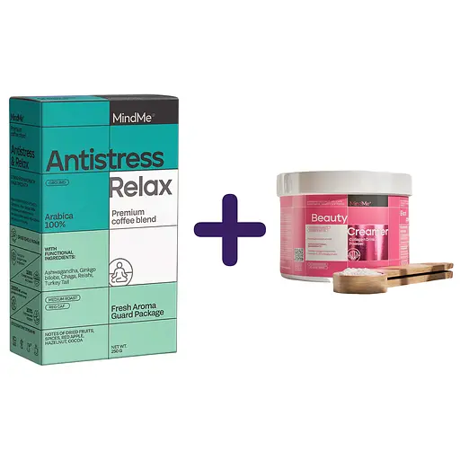 Набор: кофе MindMe Antistress & Relax функциональный молотый 250 г + коллагеновые сливки с кокосовым молоком MindMe Beauty Creamer 210 г