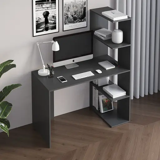Комп’ютерний стіл Vays M-17 Антрацит, письмовий з боковим стелажем зправа, ЛДСП, 120×60×148 см - для дому, навчання, офісу