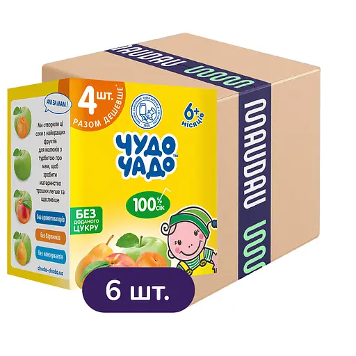 Упаковка соку Чудо-чадо Яблуко-абрикос + Яблуко + Яблуко-персик + Яблуко-груша 4.8 л (4 шт. по 200 мл x 6 шт.)