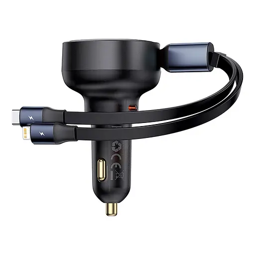 Автомобільний зарядний пристрій Baseus Enjoyment Pro Car Charger C+Retractable C & iP Cable 60W Cluster чорний - фото 1