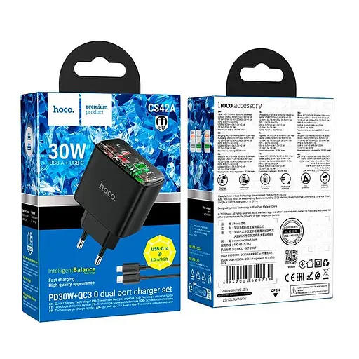 Зарядний пристрій Hoco CS42a 30 W на 2 виходи адаптер + кабель Usb-C Lightning чорний - фото 3