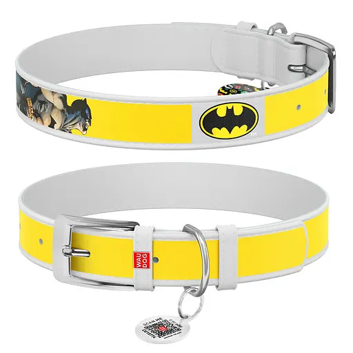 Ошейник для собак кожаный Waudog Design с QR-паспортом "Бэтмен2" L Ш 25 мм Д 38-49 см белый