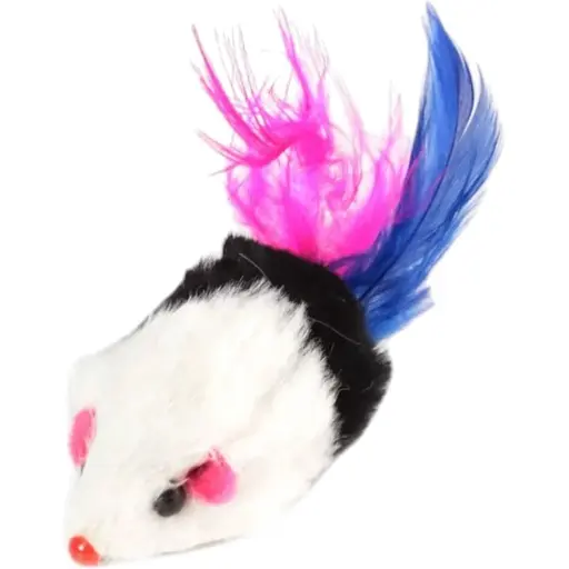 Миша з брязкальцем та пером Fox іграшки для котів у пакеті чорно-біла 5 см - фото 1