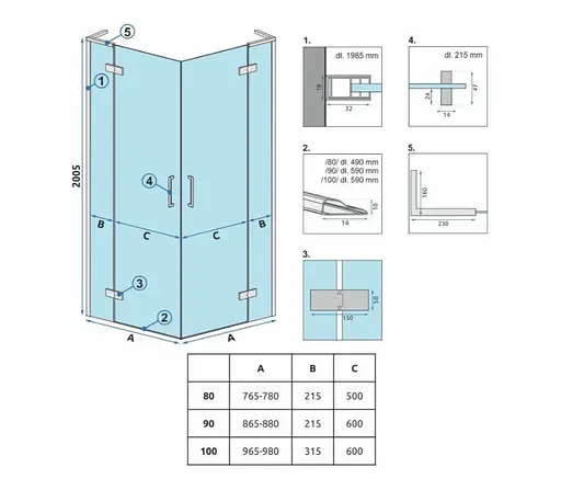 Душова кабіна Rea Hugo 90x90 brushed gold подвійна REA-K6609, Універсальна, прозорий, золотий - фото 7