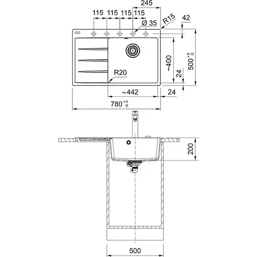 Кухонна мийка Franke Centro, фраграніт, прямокутник, з крилом, 780х500х200мм, чаша - 1, врізна, CNG 611-78 TL, сірий камінь - фото 2