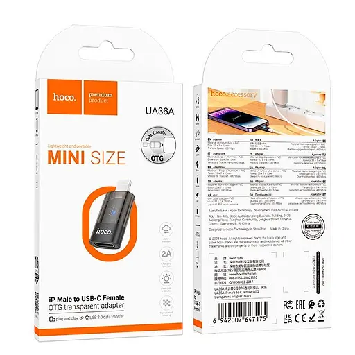Переходник Hoco iP male to c female OTG transparent adapter UA36A 480Mbps 2A - фото 2
