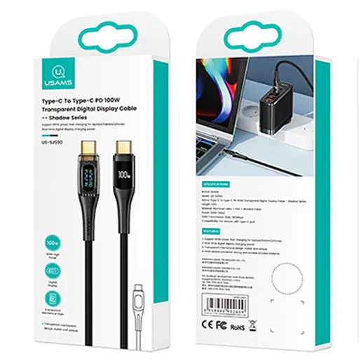Кабель Usams SJ590 Type-C To Type-C PD 100W Transparent Digital Display Cable Shadow 1.2 м Чорний - фото 2