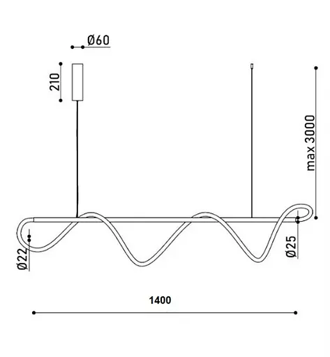 Светильник подвесной неоновый KLOODI KD-NEON WAVE 1400 45W 3К BK - фото 2