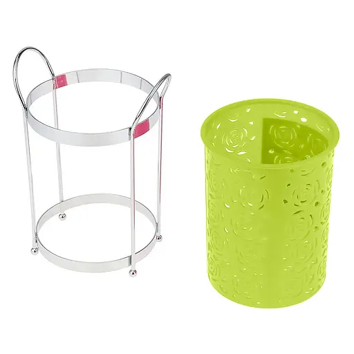 Підставка стійка хромована для столових приладів Троянди на ніжках пластмасова вставка Ø 10.5 см H 18 см, Kitchen Master Салатовий 86899 - фото 2