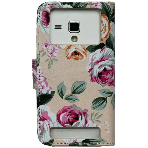 Чехол-книга для Lenovo A319 цветочный узор на зеленом розовом красном белом фоне - фото 1