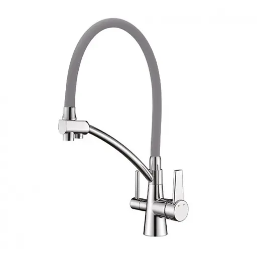 Смеситель для кухни высокий силиконовый гусак под фильтр латунный корпус гайка Ø35 серый/хром Gappo G4398-17 Серый - фото 1