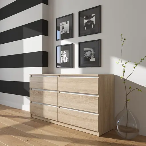 Комод Vays R-7 Дуб Сонома-Білі планки, 6 шухляд без ручок, ЛДСП, 140×40×75 см- для дому, офісу, вітальні, спальні