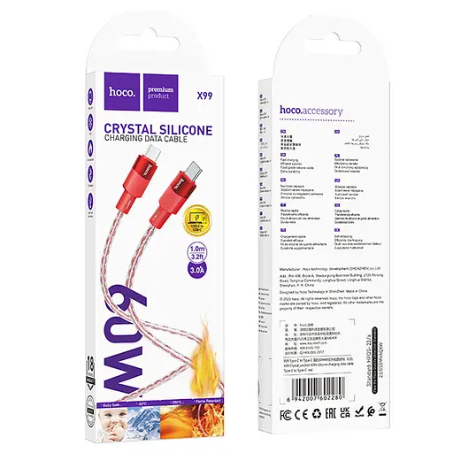 Дата кабель Hoco X99 Crystal Junction Type-C to Type-C 60W (1m) Red - фото 6