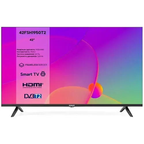 Телевізор 42" Romsat 42FSH1950T2, Black, LED, 1920x1080, 60 Гц, 3500:1, Android TV, DVB-T2, DVB-S2, DVB-C, Bluetooth, WiFi, LAN, 2хHDMI, 2хUSB, 2 x 10 Вт, VESA 200x200 - фото 1