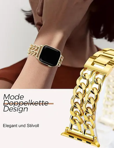 JR.DM Металевий ремінець Gold, сумісний з ремінцем Apple Watch 38 мм 40 мм 41 мм 42 мм 44 мм 45 мм 46 мм, подвійні ланцюжки - фото 4