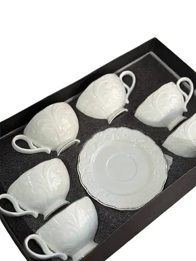 Фарфоровый сервиз Фростинг с рельефным декором 6 чашек с блюдцем для кофе и чая 200 мл Белый - фото 1