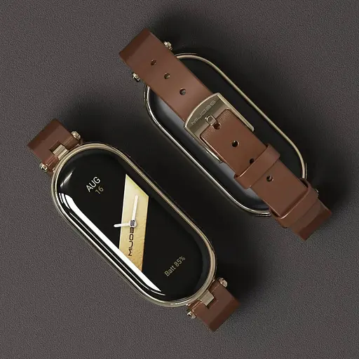 Кожаный ремешок MiJobs для фитнес-браслета Xiaomi Mi Band 3 и 4 Type A коричневый, держатель - золотистый - фото 3