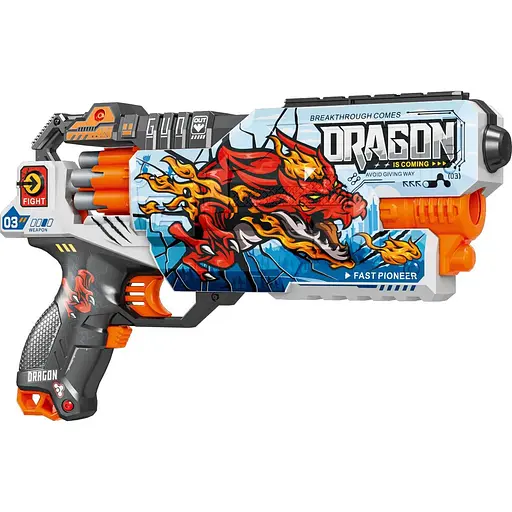 Игрушечный детский пистолет автомат. барабан на батарейках с мягкой. патронами Дракон (24 шт.) (34х21см) - фото 1