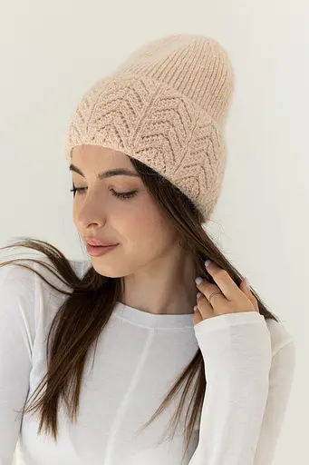Женская вязаная шапка Ангора Ажур с флисовой подкладкой 60% ангора Бежевый - фото 3