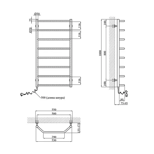 Полотенцесушитель электрический Kroner Трапеция ДТ18EL 1000x500/8 EL CV023840, Хром, Левое - фото 2